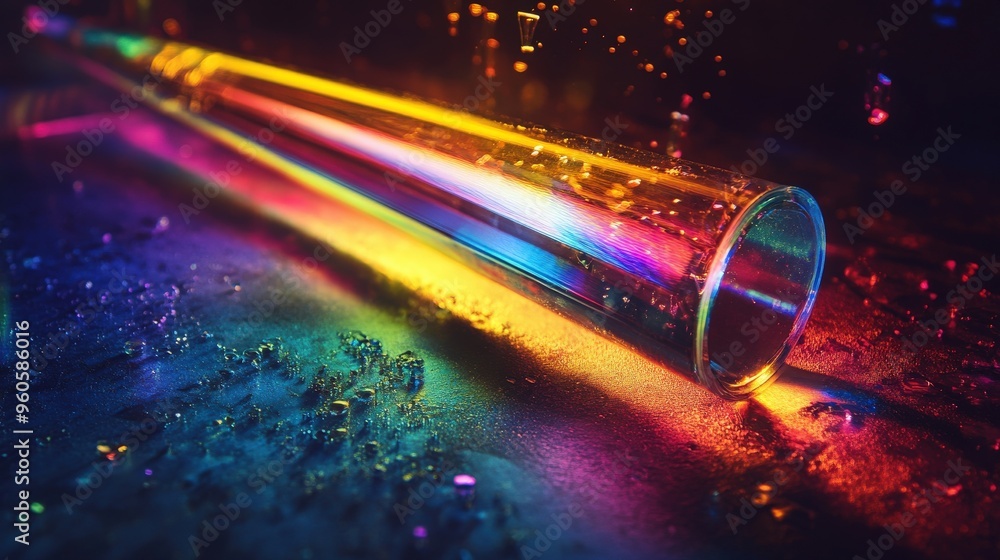 Poster a striking laser beam travels through a clear tube, casting a spectrum of colors on a wet surface wh