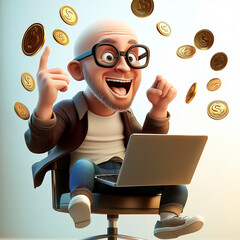Clipart, image of a man, 3D cartoon character in huge glasses, sitting with a laptop, falling coins
