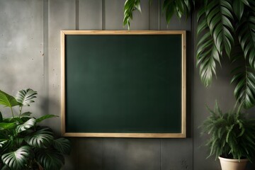 Green chalkboard with plants and concrete wall