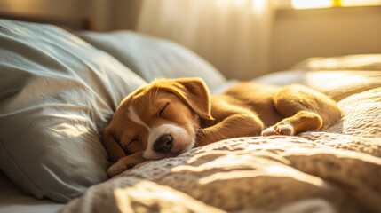 Obraz premium A peaceful beagle puppy napping on a cozy bed in soft morning light at home during a quiet afternoon