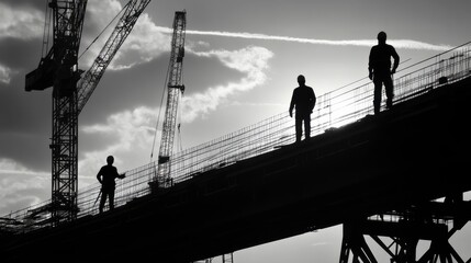 A bridge under construction, with cranes and workers silhouetted against the sky.