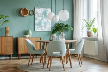 A green and white room with a wooden table and chairs, generative ai image