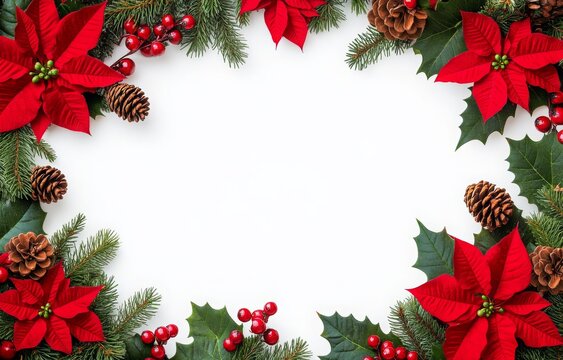 Christmas decoration. Frame of flowers of red poinsettia, branch christmas tree, ball, red berry on a white background with space for text. Top view, flat lay - Powered by Adobe