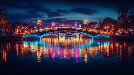 Fototapeta premium A bridge with colorful lights reflecting on the water during a nighttime festival, creating a festive atmosphere.