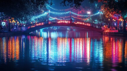 Obraz premium A bridge with colorful lights reflecting on the water during a nighttime festival, creating a festive atmosphere.