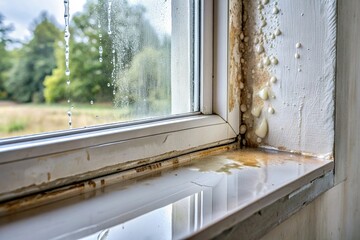 Obraz premium water leak, damage, structural, construction industry, construction, contractor, building, water protection, Water leaking on inside wall due to deteriorated window sealant