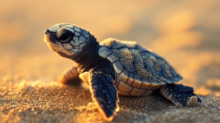 Obraz premium A close-up of a baby turtle crawling across a sandy beach, with tiny grains of sand clinging to its shell.