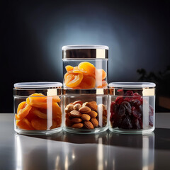 a group of containers with different fruits on a table.