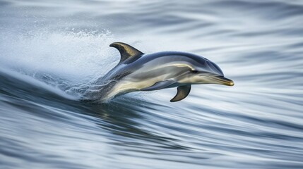 Naklejka premium A close-up of a dolphin dorsal fin cutting through the water as it swims at high speed.