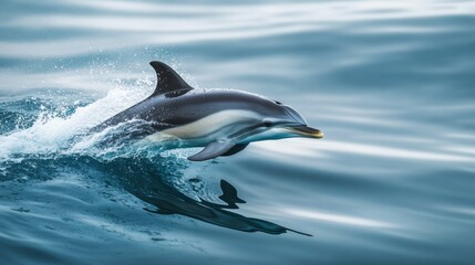 Fototapeta premium A close-up of a dolphin dorsal fin cutting through the water as it swims at high speed.