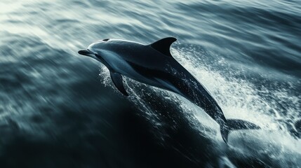 Naklejka premium A close-up of a dolphin dorsal fin cutting through the water as it swims at high speed.