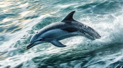 A close-up of a dolphin dorsal fin cutting through the water as it swims at high speed.