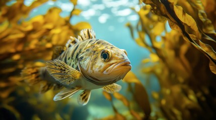 Obraz premium A close-up of a fish swimming among seaweed, with the underwater light creating a calm and mysterious atmosphere.