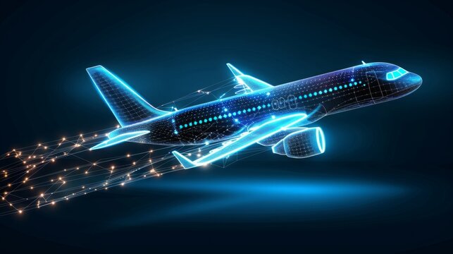 Digital plane in low poly wireframe design, future logistics intelligent aviation technology and flight management systems, flight paths and enhancing aerodynamic performance. safe air travel.
