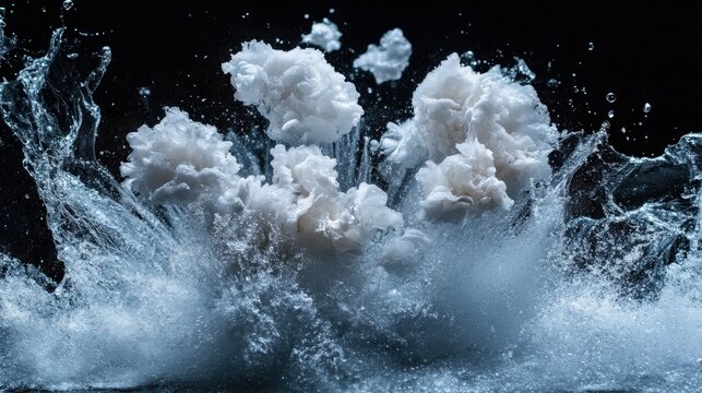 Liquid nitrogen interacts with water, producing large, fluffy white clouds and splashes as the reaction unfolds, showcasing the power of cryogenic science