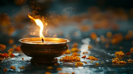 Burning Oil Lamp with Smoke and Flowers on a Dark Background