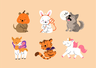 Happy Halloween day cute animal vector. Cartoon collection of animals with halloween costumes, pumpkin, imp, wings, unicorn. Adorable animal characters in autumn festival