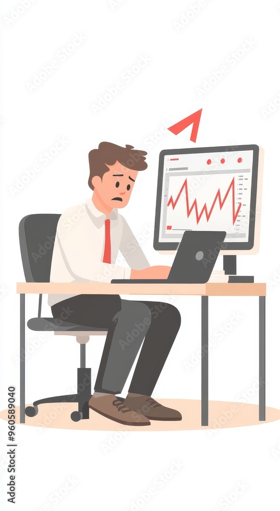 Poster stressed businessman analyzing declining stock market graph on computer screen in office