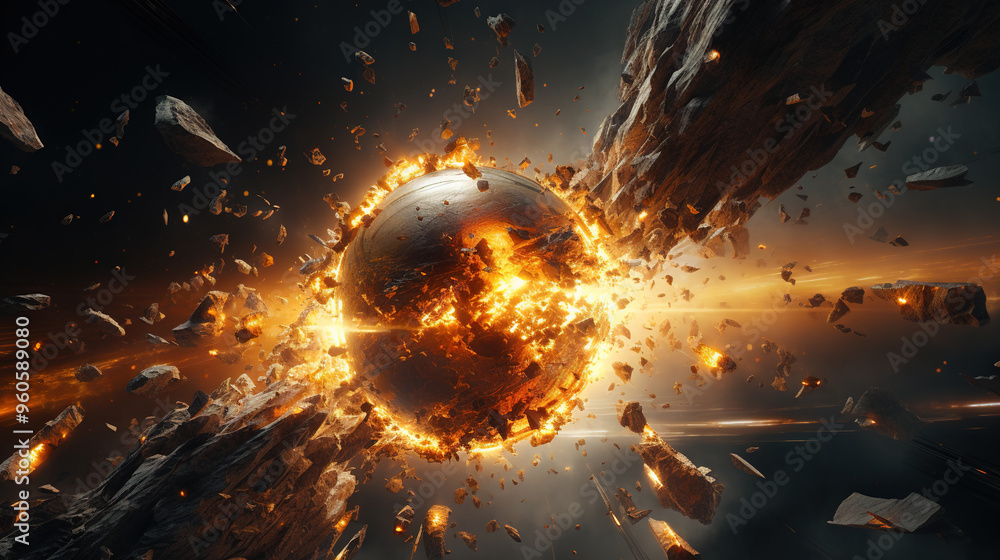 Poster abstract explosion in space with rocks and stones burst in flame, sci-fi and technology background.