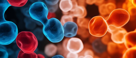 Microscope view of bioengineered cells glowing in different colors, breakthrough biotech research