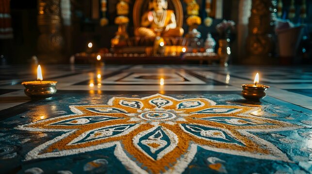 Intricate Floor Design with Burning Diyas and Blurred Statue in the Background