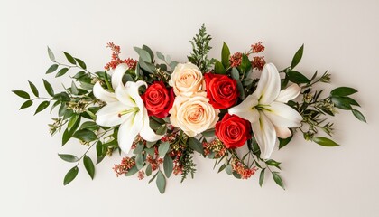 A top-down view of a beautiful floral arrangement with roses, lilies, and greenery