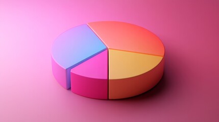 Obraz premium A visually appealing 3D pie chart with vibrant gradient lighting, displaying three distinct segments, on a smooth, pink background creating a striking presentation.