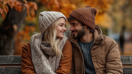 Fototapeta premium Young European couple cuddling on park bench in autumn with copy space