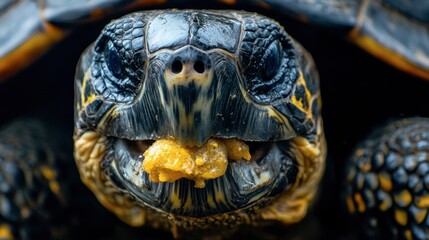 A close-up of a turtle beak as it nibbles on a piece of food, with the focus on its mouth and the texture of its skin.