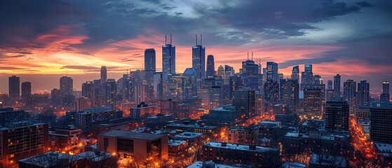 Fototapeta premium Twilight Glow on Urban Horizon - Bright Cityscape at Dusk with Evening Lights Highlighting Skyline Buildings
