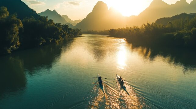 Two kayakers paddle along a serene river under the warm glow of a setting sun, surrounded by lush greenery and majestic mountains in the background, epitomizing tranquility.