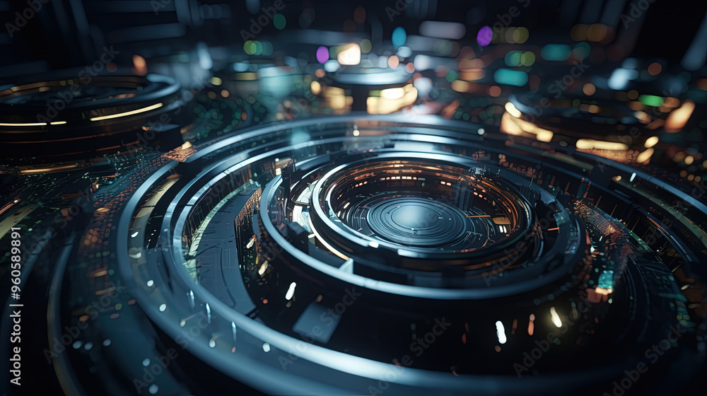 Poster Technology abstract background with hud styled round interface elements in neon tech light