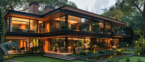 Obraz premium Contemporary Glass Facade Residence with Lush Garden Oasis - Architectural Design Concept.