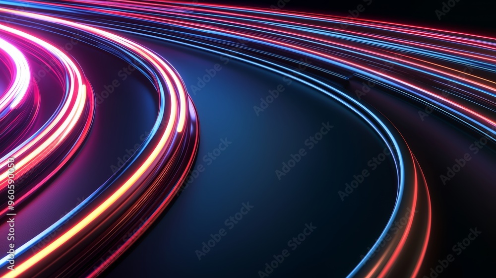 Poster curved energy lines forming a digital highway side view representing fast network communication cybe