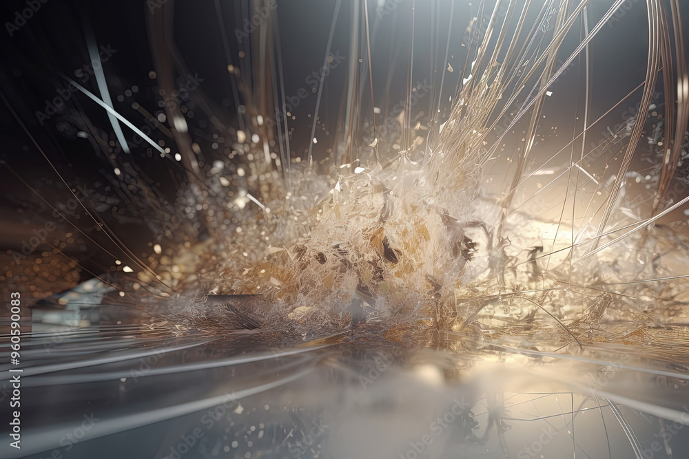 Poster Abstract burst of wires and particles on technology background. Scientific abstraction with mess of wires.