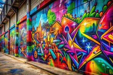 Fototapeta premium urban landscape, urban art, self-expression, Graffiti art of vibrant colors spray painted on a rough concrete wall showcasing urban creativity and self expression