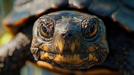 Obraz premium A close-up of a turtle face, with its wise, ancient eyes and textured skin clearly visible, against a blurred natural background.