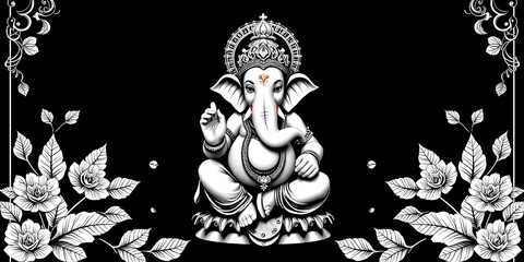 Fototapeta premium Ornate Floral Illustration of Lord Ganesha in Black and White