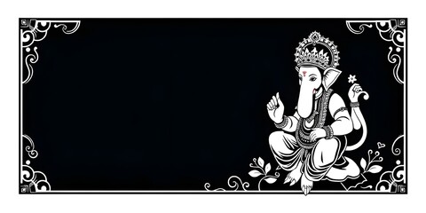 Black and White Lord Ganesha Illustration with Decorative Borders