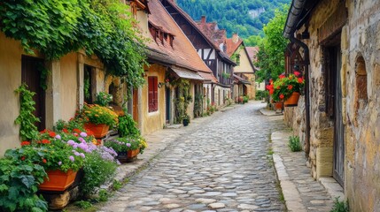 Fototapeta premium A cobblestone road in an old European village, lined with charming, historic buildings and colorful flowers in window boxes.