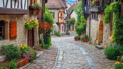 Fototapeta premium A cobblestone road in an old European village, lined with charming, historic buildings and colorful flowers in window boxes.
