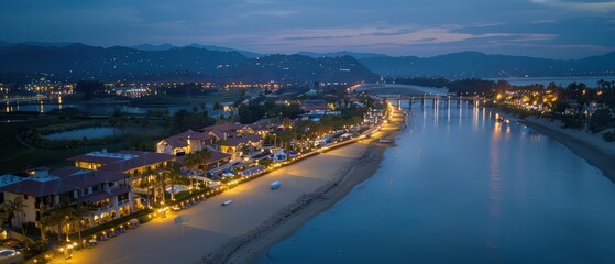Naklejka premium Serene Evening View of Coastal City with Beachfront Properties and Marina