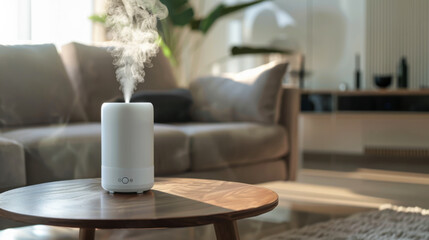 A modern aromatherapy diffuser releasing fragrant steam in a cozy living room setting during the daytime