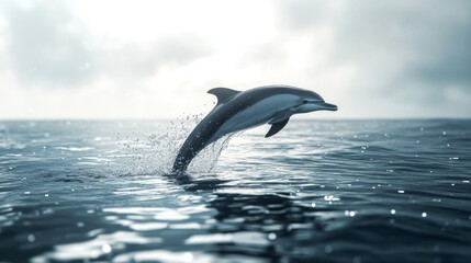 Fototapeta premium A dolphin breaching the surface of the water, with droplets flying through the air and the ocean calm and clear.
