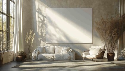 A Minimalist Living Room with a Blank Canvas, a Couch, and a Chair