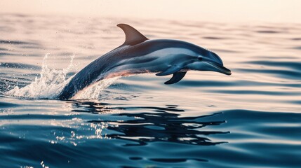 Fototapeta premium A dolphin breaching the surface of the water, with droplets flying through the air and the ocean calm and clear.