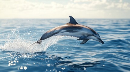 Fototapeta premium A dolphin breaching the surface of the water, with droplets flying through the air and the ocean calm and clear.