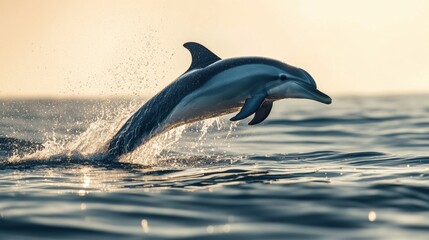 Fototapeta premium A dolphin breaching the surface of the water, with droplets flying through the air and the ocean calm and clear.