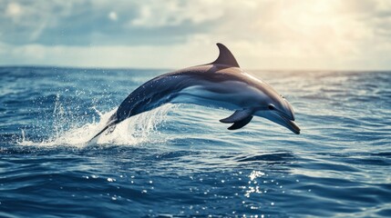 Obraz premium A dolphin breaching the surface of the water, with droplets flying through the air and the ocean calm and clear.