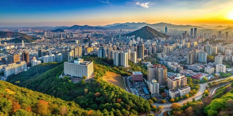 Naklejka premium A wide angle view from Namsan Mountain in Seoul showcases a stunning apartment complex located in the northern region of the city, homes, north, development, complex, living, building